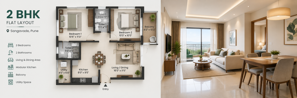 2 BHK flat layout in Sangavade Pune