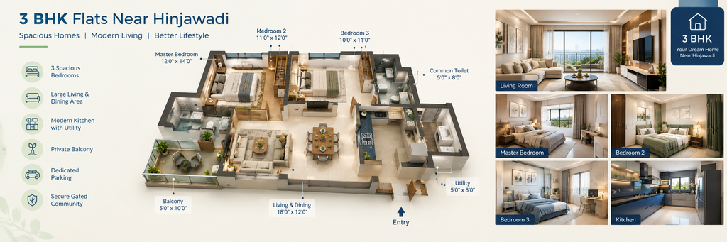 3 BHK flat floor plan near Hinjawadi