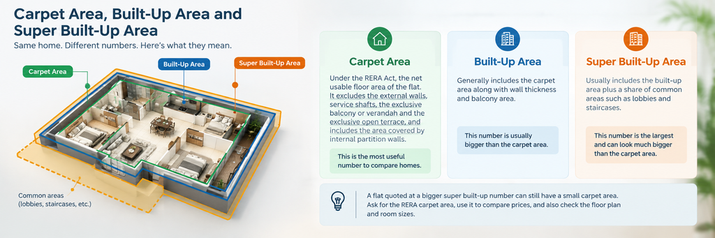 Carpet area vs built-up area vs super built-up area