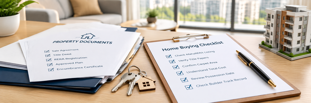 Property documents and home buying checklist with apartment keys